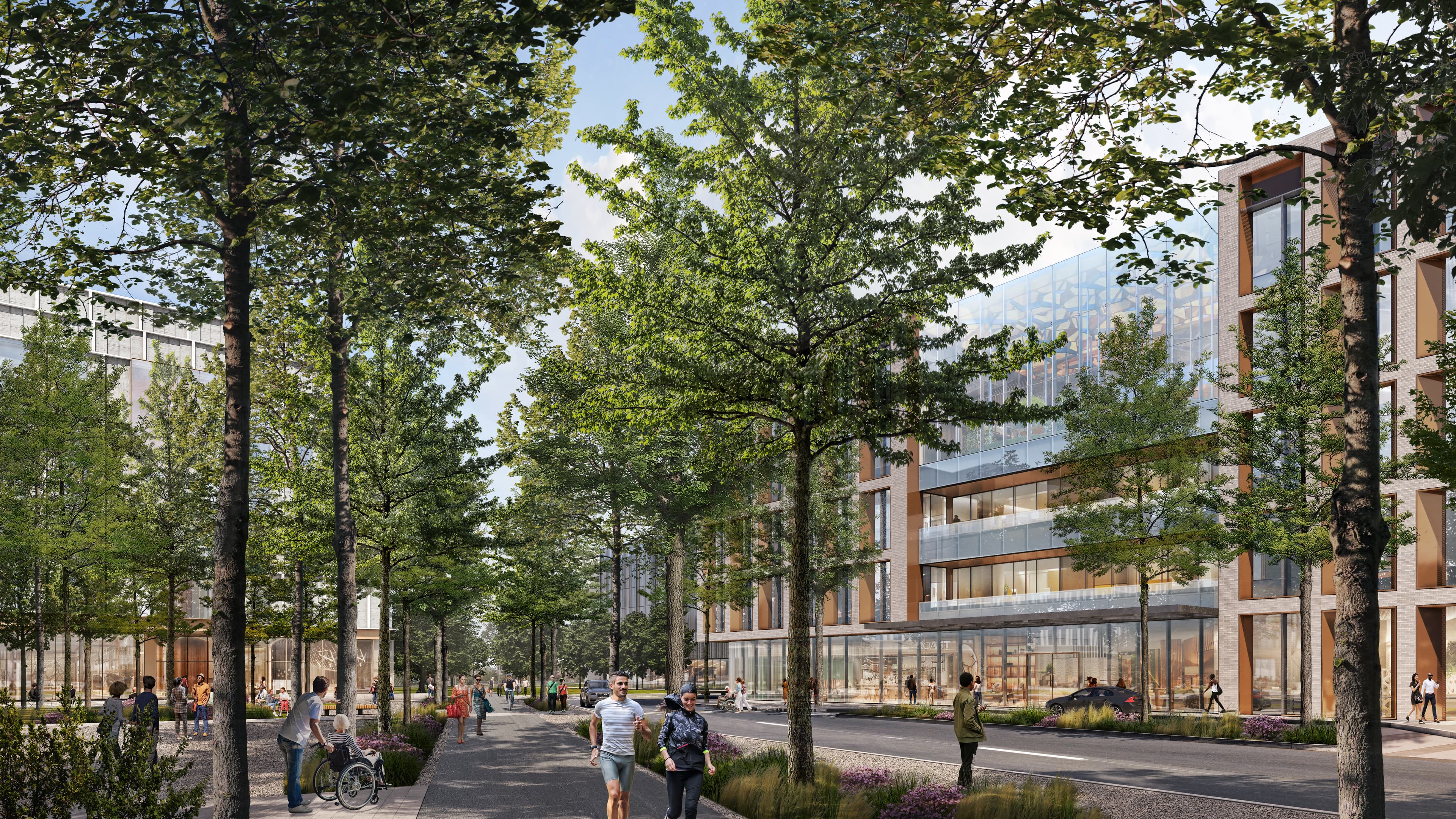 render of Watertown Mall building behind trees