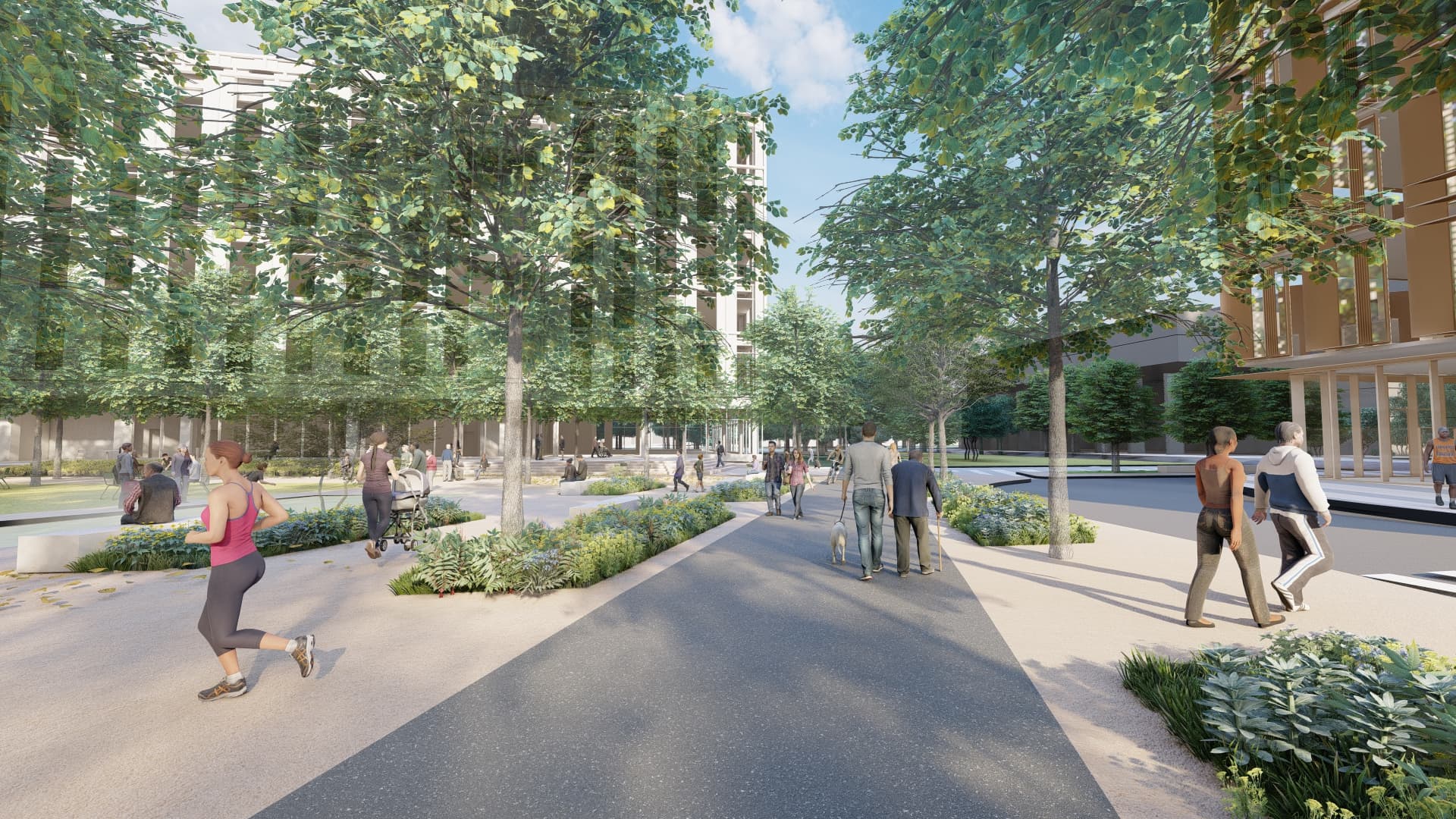 3d render of pedestrians walking along a route near the Watertown Mall