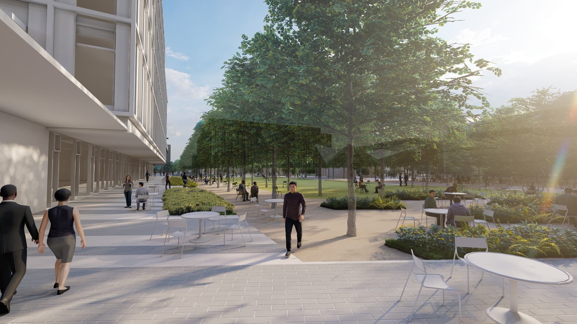 render of pedestrians walking near Watertown Mall building